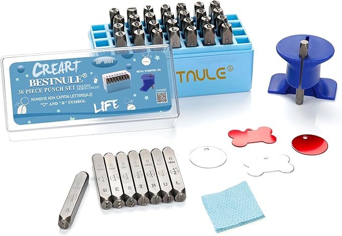BESTNULE Metal Stamping Kit, Number and Letter Stamp Set (A-Z, 0-9 and &, Love Symbol), Industrial Grade Hardened Carbon Steel, Perfect for Imprinting Metal, Wood, Plastic, Leather (1/4", 6MM)
