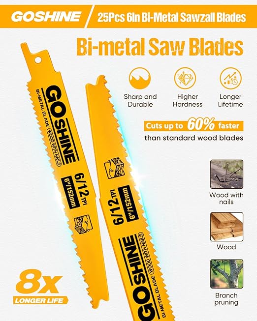 25 Pack 6 Inch 6/12 TPI Bi-Metal Reciprocating Saw Blades for Nail-Embedded Wood Demolition竊???Wood sawzall Blades
