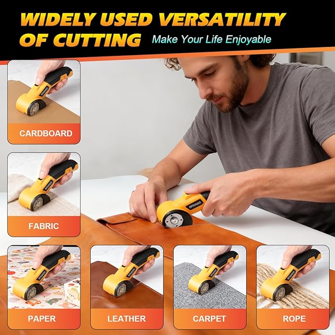 Rechargeable Electric Scissors, 4.2V Cardboard Cutter Electric with LED Light & Safety Lock, 3000mAh Battery & 2 SK5 Rotary Blades, Electric Box Cutter for Cardboard, Fabric, Leather, Plastic