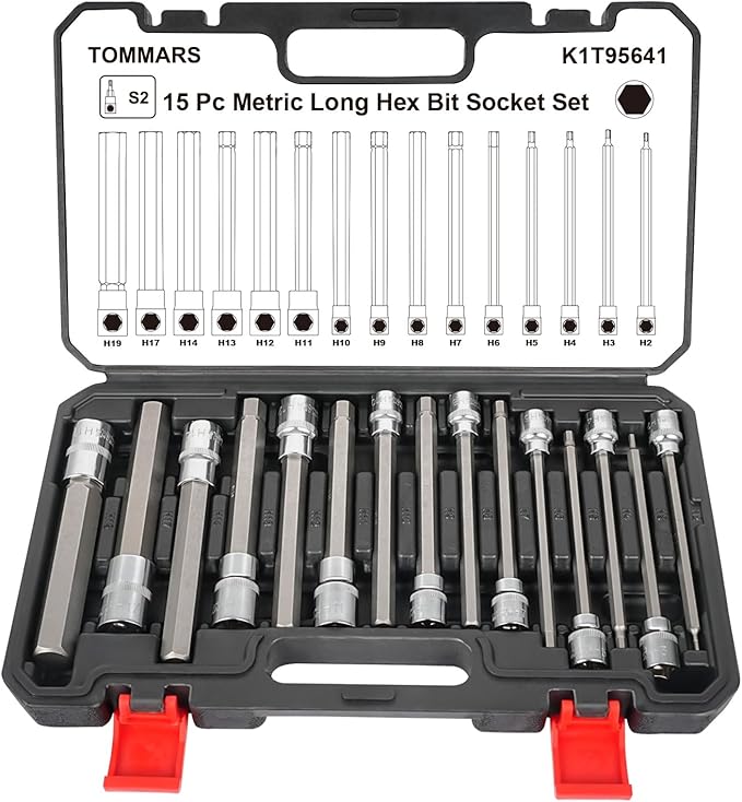 TOMMARS 15-PC Metric Long Hex Bit Socket Set, Extra Long Socket Set S2 Alloy Steel 3/8", 1/2" Drive, H2 - H19.