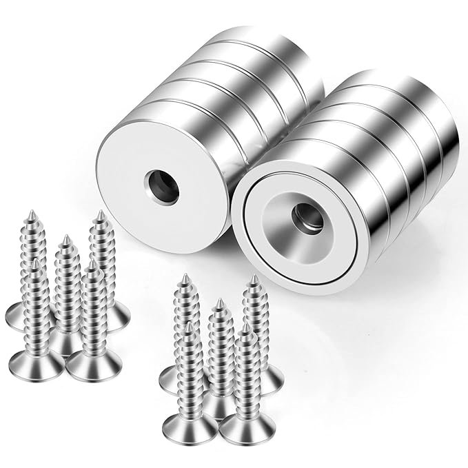 Neosmuk Magnets with Screws,40lbs+ Heavy Duty Rare Earth Neodymium Mounting Magnets with Holes, Countersunk Round Disc Industrial Magnets for Wall Mounting, 10 Pack