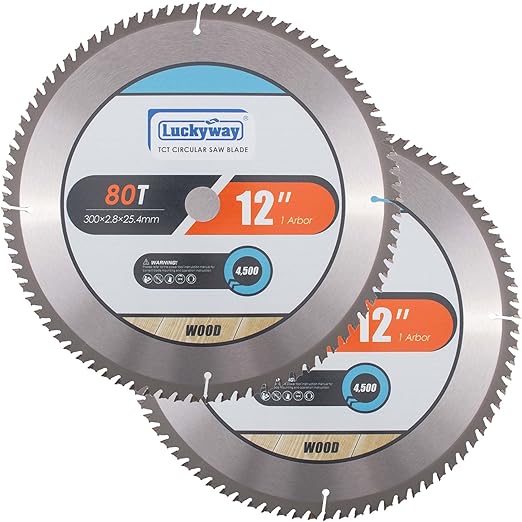 Luckyway 12 Inch Miter Saw Blade 80T Fine Finish with 1 Inch Arbor TCT Saw Blade for Miter Saw Cutting Wood, 2-Pack