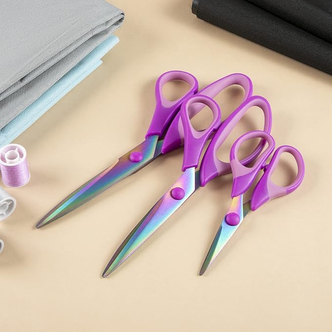 3PCS Purple Craft Scissors, Sharp Tailor Scissors, Titanium Blades Shears Rubber Soft Grip Handle, Multi-Purpose Fabric Scissors for Adults, Office, Sewing, School and Home Using