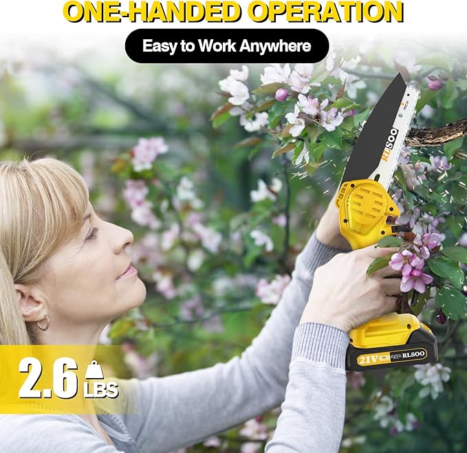Mini Chainsaw Cordless, RLSOO 6 Inch Electric Chain Saw, Portable Small Handheld Chain Trimmer for Wood Cutting, Tree Trimming, Courtyard, Household, and Garden (Includes 2 Batteries and 3 Chains)
