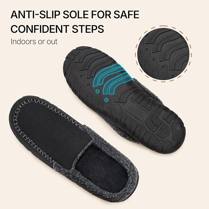 ATHMILE Men's Moccasin House Slippers, Memory Foam Arch Support, Plush Fuzzy Lining, Non-Slip Rubber Sole for Indoor/Outdoor Winter Comfort