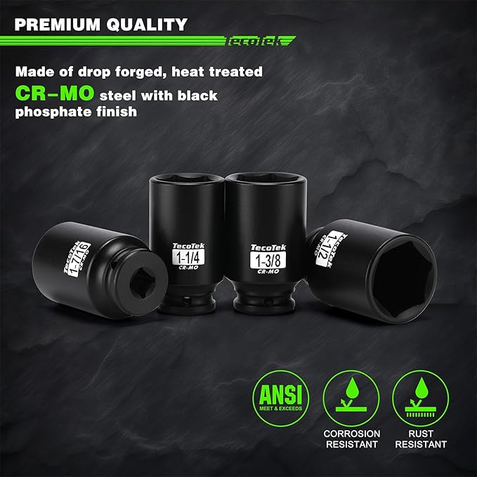 1/2" Drive Deep 6-Point Impact Socket Set, 10-Piece Deep SAE Spindle Axle Nut Impact Socket Set, Cr-Mo, 1-1/16-Inch to 1-5/8-Inch Size, Enhanced Storage Case