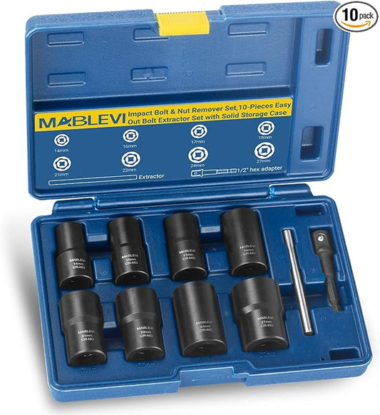 MABLEVI 10 PCS Bolt Nut Extractor Set, 1/2" Drive Impact Lug Nut Remover Socket Tool with Center Punch Bar for Damaged, Frozen, Studs, Rusted, Rounded-Off Bolts, Nuts & Screws
