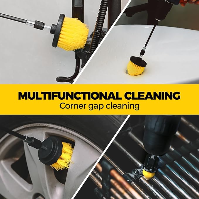 Holikme 8 Piece Drill Brush Attachments Set, Power Scrubber with Extend Long Attachment竊똂leaning Supplies for Bathtub, Shower, Grout, Tile(Yellow)