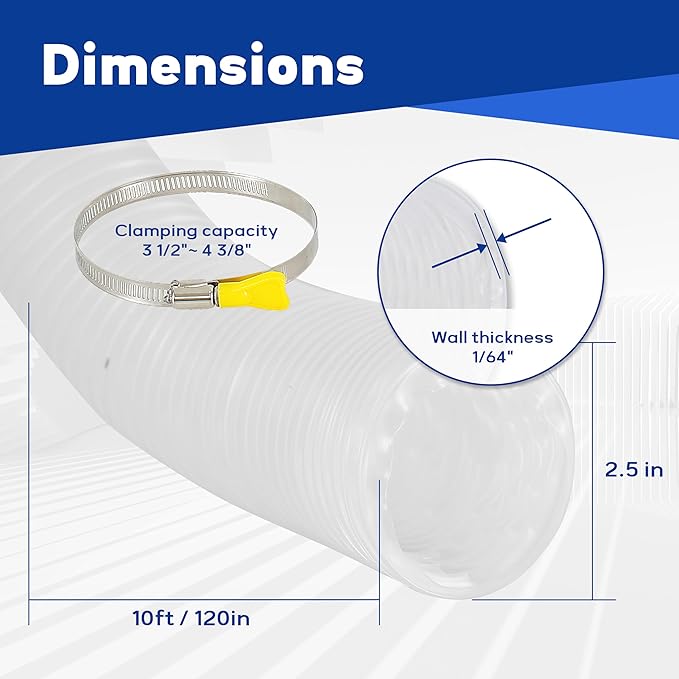 2.5"竊? 1/2"竊뎪 10' PVC Dust Collection Hose with 304 Stainless Steel Hose Clamps, for Table Saw, Band Saw, Planer, Woodworking and Wood Shop Dust Collection System