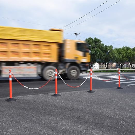 6-Set Pack 40" inch Red White Work Zone Chain Post Set, Traffic Delineator Post Cones, 6 x 6.6' Feet Plastic Chains, Portable Crowd Control Stanchion Set (Red-Rubber Base)