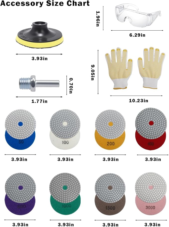 4 Inch Diamond Polishing Pads Kit, 14 Pcs Granite Polishing Pads 50#-3000# Pads with Metal Rods, for Granite, Concrete, Marble, Stone, Tiles, with Floor Grinder or Polisher