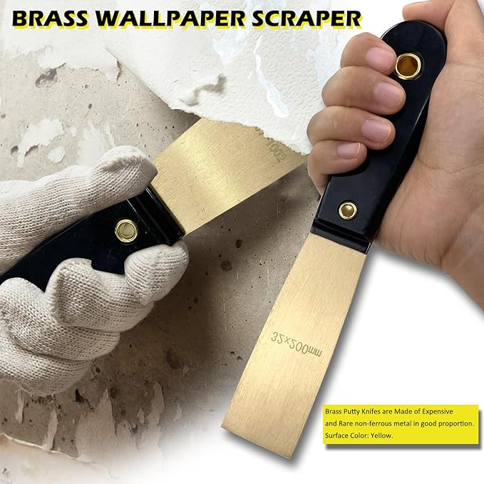 WEDO 3pcs Brass Putty Knife Set, 1-1/4" Paint Scraper with Bakelite Handle, 11" Brass Wire Brush,A Pair of Gloves,Painters Knife, Scraper Tool for Plaster Scraping Drywall Finishing