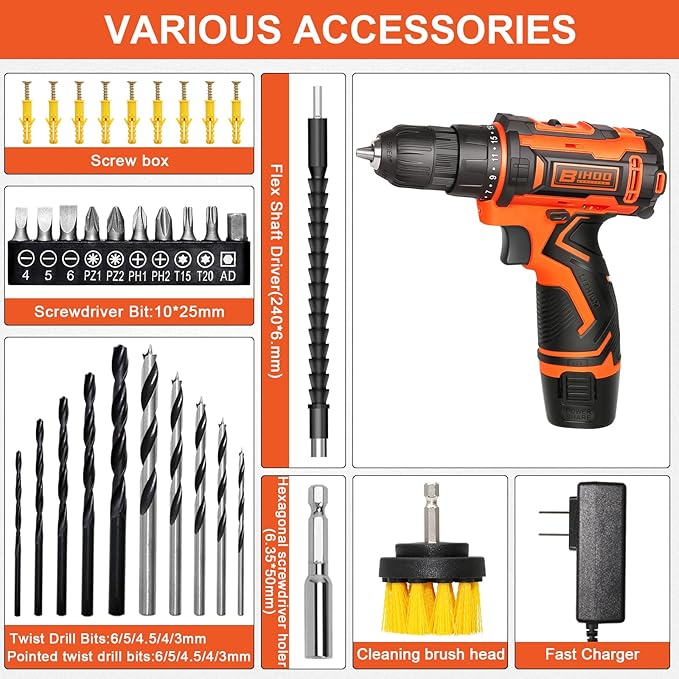 BIHOO Cordless Drill Driver Set 12V,3/8"Keyless Chuck Battery Drill Kit,2 Variable Speed and 43pcs Drills Bits for Home DIY