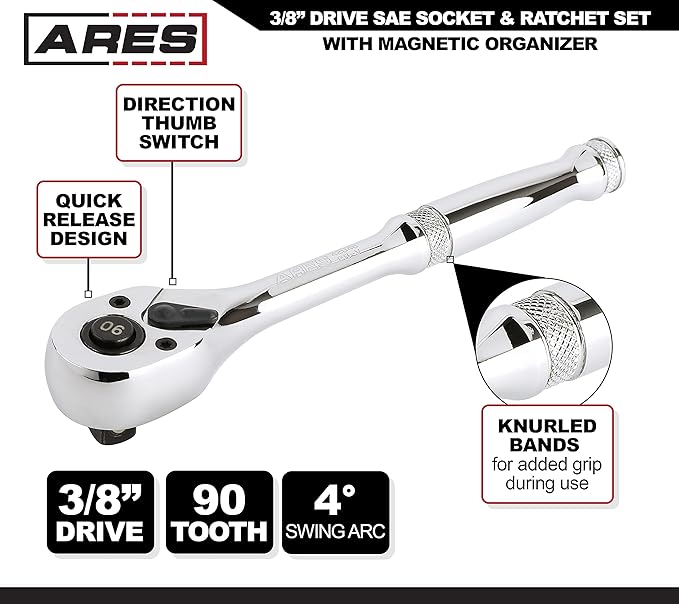ARES 47007-28-Piece 3/8-inch Drive SAE Socket and 90-Tooth Ratchet Set with Magnetic Organizer - Sizes 1/4-Inch to 1-Inch Shallow and Deep Sockets