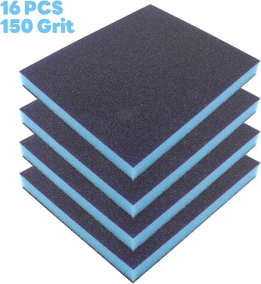 BokWin 16Pcs Sanding Sponge, 150 Grit Washable Sponge Sand Blocks, Wet and Dry Sanding Blocks for Plastic, Wood, Metal, Furniture (Grade 400 to 500)