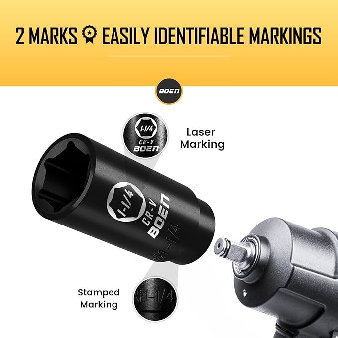 BOEN 1/2" Drive Deep Impact Socket,1-1/4 Inch Premium Socket,SAE,6 Point,Cr-V Steel with Laser Marking - Strong and Durable