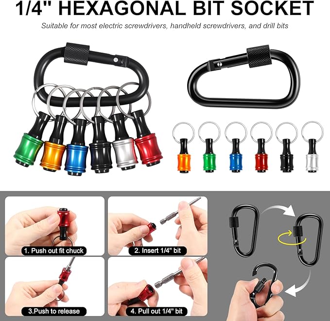 Bit Holder Keychain Tool with1/4?쏦ex Shank,Aluminum Alloy Screwdriver Bit Holder 16pcs Set with Spring Screwdriver Bits,L-Shaped Wrenches,Hollow Bits(T8,T10,T15,T20,T25,T27,T30),Drill Screw Adapter