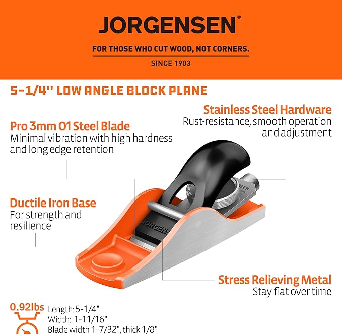 JORGENSEN 5-1/4" Wood Planer, Hand Planer for Woodworking, Low Angle Block Plane, Small Hand Plane for Detail Trimming, Wood Planing, Craft - Professional Ductile Iron Body, Adjustable Cutting Depth