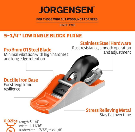 JORGENSEN 5-1/4" Wood Planer, Hand Planer for Woodworking, Low Angle Block Plane, Small Hand Plane for Detail Trimming, Wood Planing, Craft - Professional Ductile Iron Body, Adjustable Cutting Depth