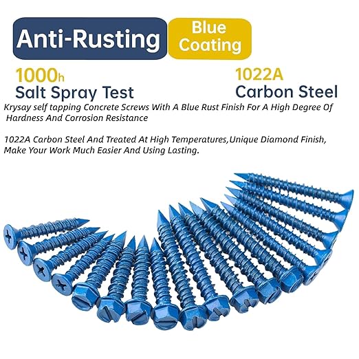 232Pcs Concrete Screws with Drill bits,1/4 3/16 Masonry Screws for Concrete Assortment Kit,4 Sizes Flat & Hex Head Block Cement Stacoo Screws and Anchors,Diamond Point,Blue Coated