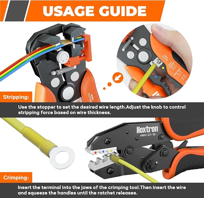 Noxtren Wire Stripper and Crimping Tool, AWG 24-10 Self-Adjusting Stripper Tool with AWG 22-10 Ratcheting Wire Terminal Crimper for Heat Shrink Wire Connectors