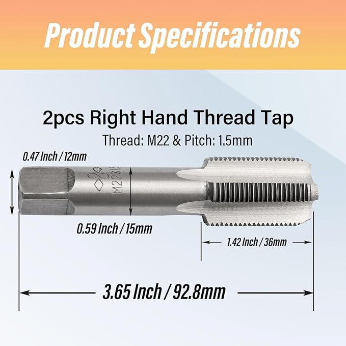 Qjaiune 2pcs M22x1.5 Tap, M22 Metric Thread Right Hand Tapping Tool, HSS Thread Milling Taps (M22 x 1.5, 1 Pair)