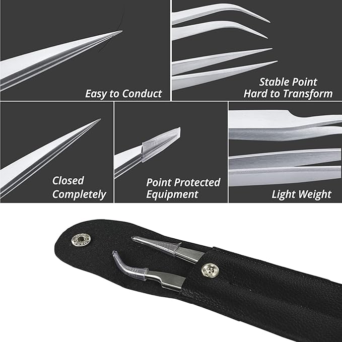 Sivote Eyelash Tweezers, 2-Pack, Hand Calibrated Straight and Curved Tips, Stainless Steel Lash Tweezers for Eyelash Extensions, Matte Silver