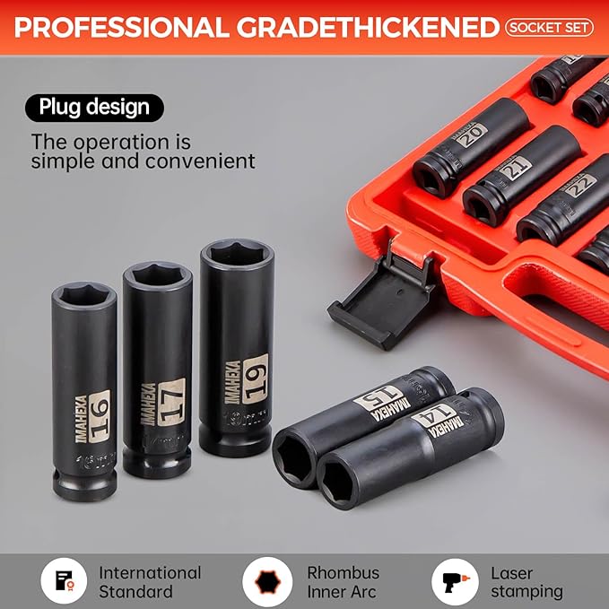 16PCS Impact Socket Set 1/2"Drive,Metric Sizes (10 to 32 mm),Allen Socket Set,Deep CO-MO Meterial Socket Set,Sleek Socket With Premium Red Organizer