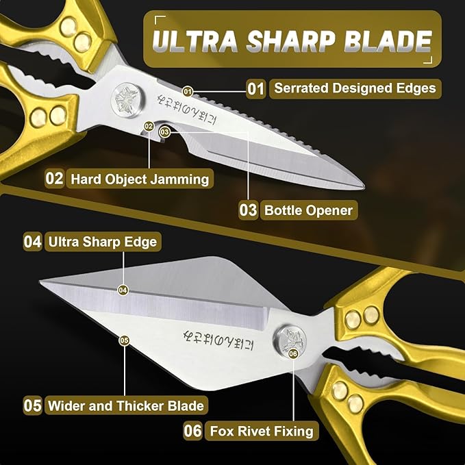 Dream Reach Kitchen Scissors Heavy Duty Kitchen Shears for Food, Meat Scissors Dishwasher Safe, Poultry shears Set for Turkey, Meat, Seafood, Bone Cutting - Christmas Gifts for Men (Golden)