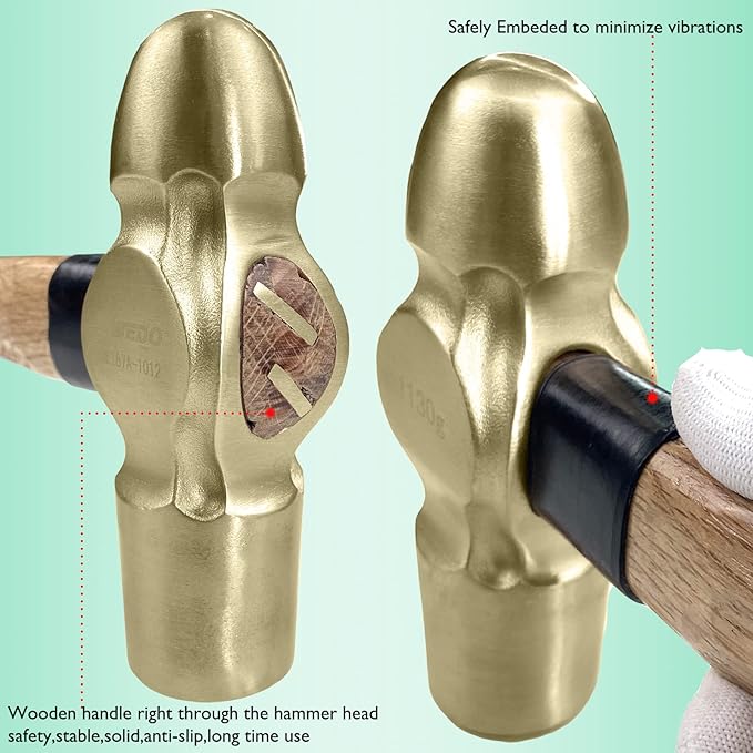 WEDO Ball Pein Hammer,24oz Non-Sparking Ball Peen Hammer,Aluminum Bronze,Wooden Handle,Length 365mm,Die-forged Hammer Head 680g,Corrosion Resistant Drilling Hammer,BAM & FM Certificate,DIN Standard