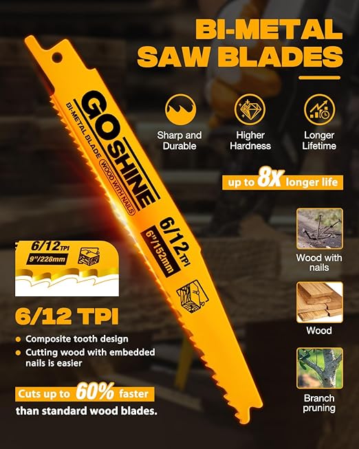 10 Pack 6 Inch 6/12TPI Reciprocating Saw Blades,Stud and Nail Saw Blades, 6" High Strength Bi-Metal Saw Saw Blades Wood and Nail-Embedded Wood, Metal,PVC, Pallets etc,with Storage Box