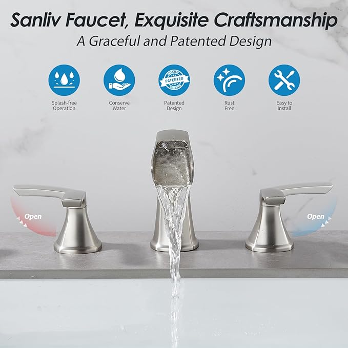 Brushed Nickel Waterfall Bathroom Faucet, Sanliv 3-Piece Widespread Bathroom Sink Faucets, 2-Handle Vanity Faucet for 3-Hole Sinks 4-8 Inch with Pop-Up Drain, Brushed Nickel