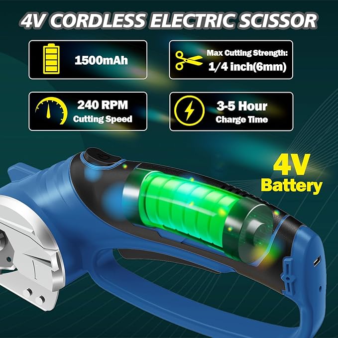 Cordless Electric Scissors, 4V Rechargeable Box Cutter & Cardboard Cutter with LED Light, Safety Lock - Rotary Cutter for Fabric, Leather, Plastic, Crafting, Sewing with Storage Box(Slate Blue)