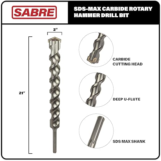 Sabre Tool 2 Inch x 21 Inch SDS MAX Rotary Hammer Drill Bit, U-Flute, Carbide Tipped for Brick, Stone, and Concrete SDS MAX Drivers ONLY (2inches x 15inches x 21