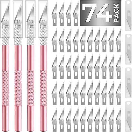 JTIEO Exacto Knife,74 Pack Hobby Knife with 4 Upgrade Sharp Hobby Knives and 70 Spare Exacto Knife Blades for Art,Stencil,Scrapbooking (Pink)