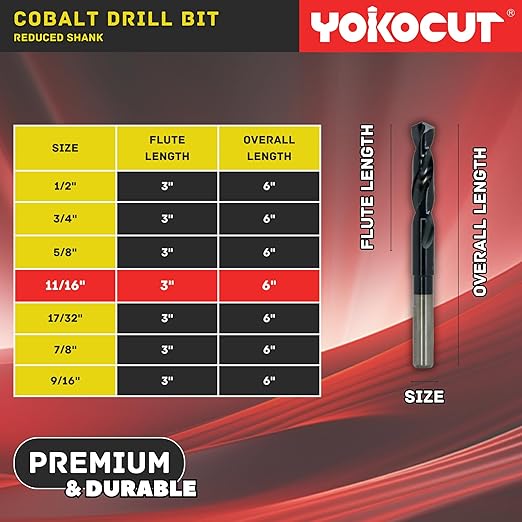 11/16 Inch Cobalt Drill Bit | Reduced Shank High Speed Steel | 11/16 Drill Bit for Stainless Steel and Hardened Metal | HSS M35 Titanium Aluminum Nitride Coating with 1/2" Shank