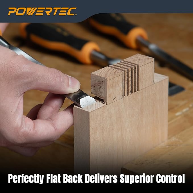 POWERTEC Wood Chisel 3 Piece Set - 1", 3/4" & 1/2" Bevel-Edge Bench Chisels with Strike Cap, Drop Forged Chrome Vanadium Steel Blades for Woodworking, Joinery, Mortising, Paring and Trimming (72136)