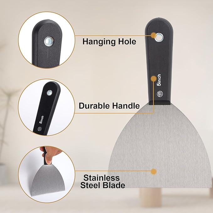 7 PCS Drywall Tools,Putty Knife,Paint Scraper Tool with Storage Bag,Stainless Steel Putty Knife Set,Drywall Scraper Spackle Taping Knife for Spreading Mud, Taping,Repairing wall (2 PCS -5")