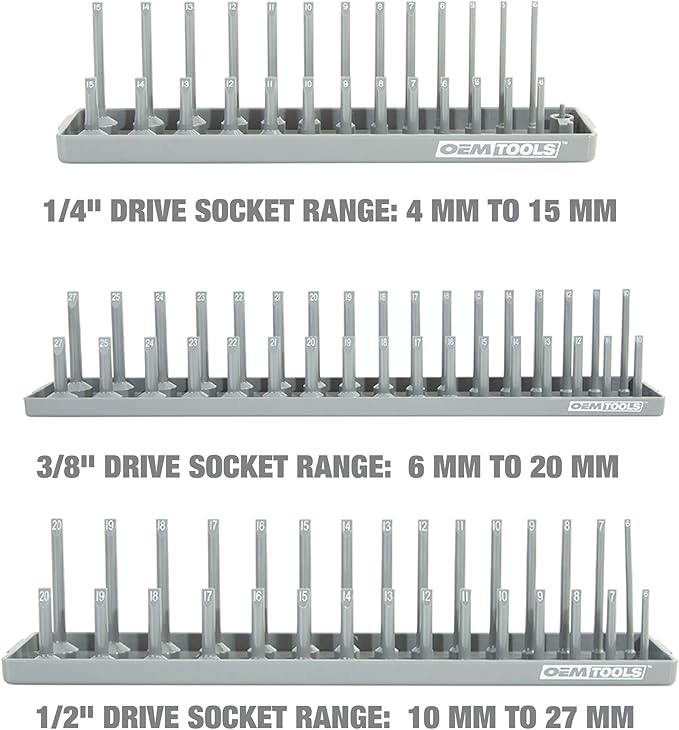 OEMTOOLS 22413 6 Piece SAE and Metric Socket Tray Set, SAE and Metric Socket Storage for Sizes 1/4", 3/8?? and 1/2" Drive, Socket Holders and Socket Organizer Tray for Toolbox, Red/Grey