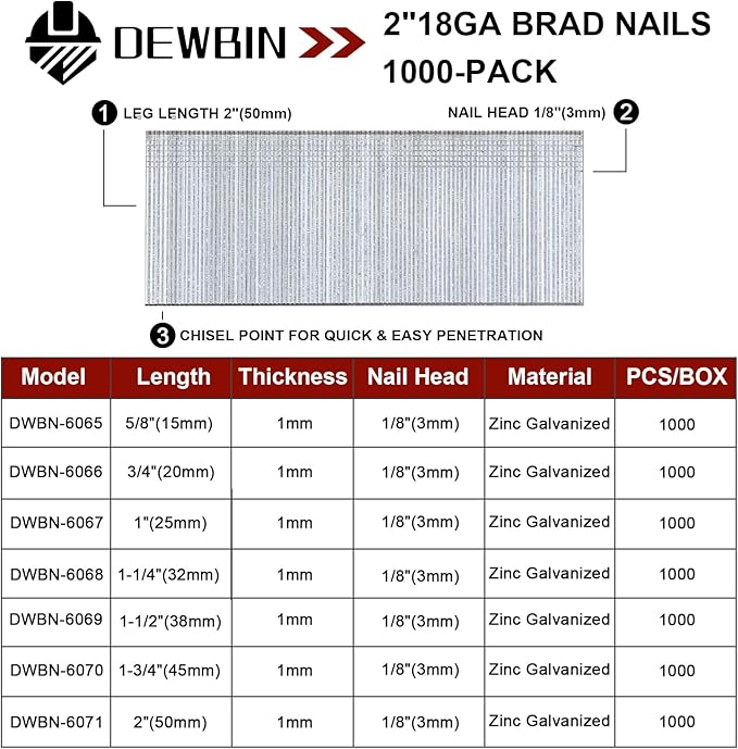 18 Gauge Brad Nails, 1000 Counts 2-inch 18 GA Brad Nails, Galvanized Nails for Nail Gun, Finishing Nail Gun Nails for Pneumatic, Electric Brad Nailer Gun