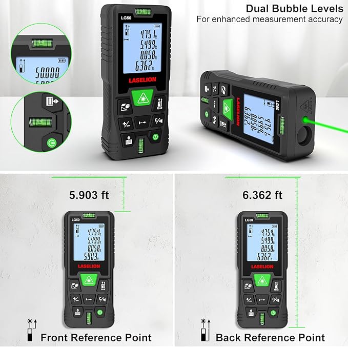 Laser Measurement Tool,165ft Green-Beam Laser Measure Device Portable M/in/Ft Unit Switching Backlit LCD Laser Distance Measure for Pythagorean Mode,Measuring Distance,Area,Volume-LG50