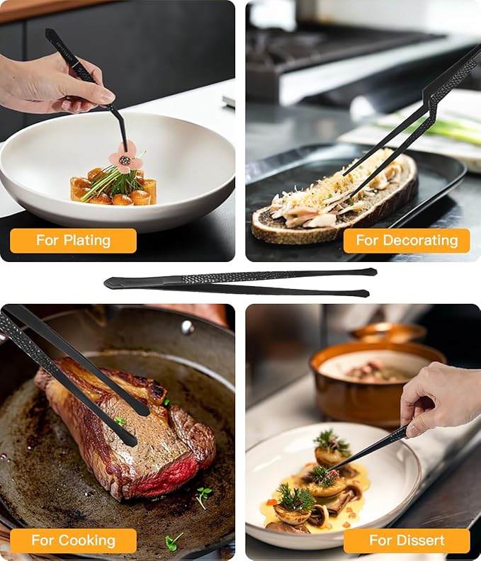 Cooking Tweezers, 5 Piece Chef's Tweezers Tongs, Chef's Plating Tool, 10 inch and 6.5 inch Food tweezers, Universal for all kinds of cooking, steak, plating, pasta and many other scenarios (5pc Set)