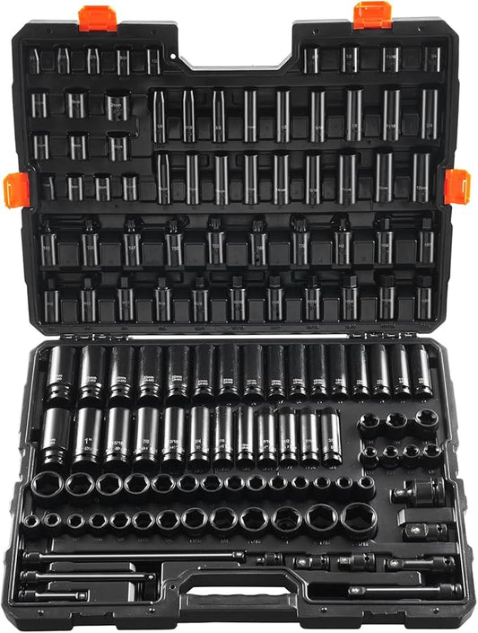 VEVOR Impact Socket Set 130 Piece 3/8" & 1/2" - SAE & Metric Drive Socket Set - 6 Point Cr-Mo Alloy Steel for Auto Repair - Easy-to-Read Size Markings - Includes Storage Case