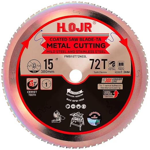 Metal Cutting Circular Saw Blade, Steel and Stainless Steel Cutting, The Cutting Head uses a Special Anti-Heat Sticking Coating with high Finish and Long Life,FMB 15 inch 72-Tooth 1" -TA