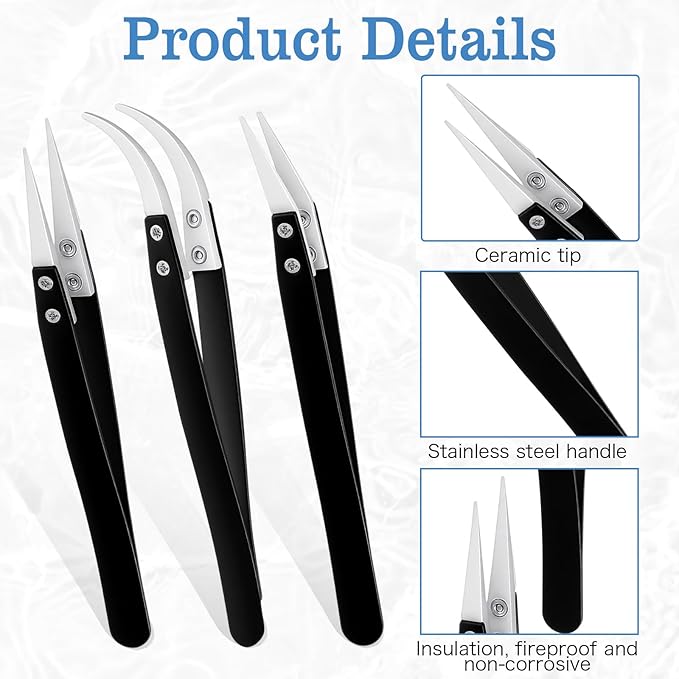 3 PCS Ceramic Tweezers, Electronics Tweezers, Reverse Tweezer Set, Non Conductive Heat Resistant Electronics Soldering Tweezers, Pointed Curved Tips for Pinching Coils, Jewelry, Watch Repair, Black