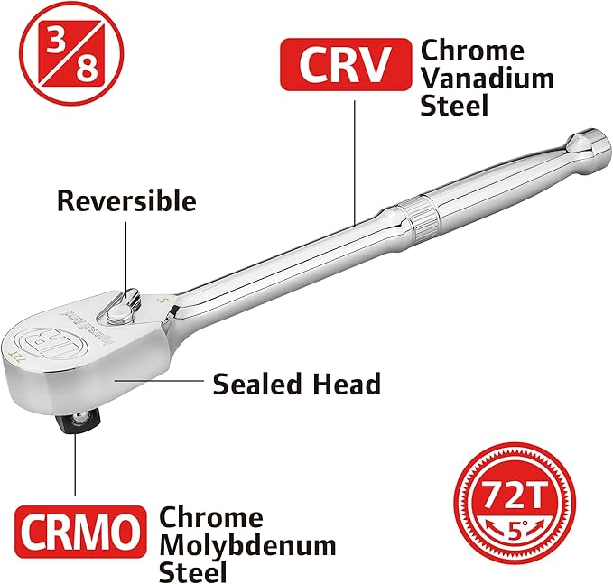 Ingersoll Rand 68 Piece 3/8-Inch Drive Metric/SAE Mechanics Tool Set, 72 Tooth Seal Headed Ratchet Handle, Chrome-Vanadium Steel Shallow/Deep Sockets, Universal Joint Socket - 752018