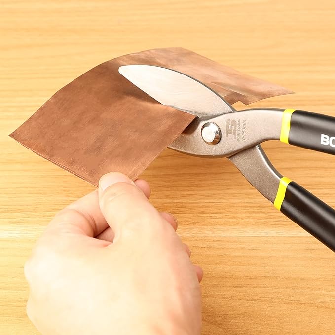 10 Inch Straight Pattern Tin Snips Metal Cutters, High Strength Forged and Heat Treated Carbon Steel with Comfortable Black Rubber Handle