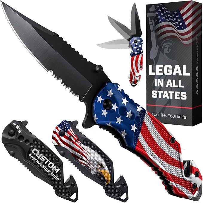 GOOD WORKER Legal Pocket Knife with 2.95??Serrated Blade, Glass Breaker, Seat Belt Cutter - EDC Sharp Folding Knives with Portable Clip - Small Tool for Tactical Camping Survival Hiking - Gifts for Men, Women
