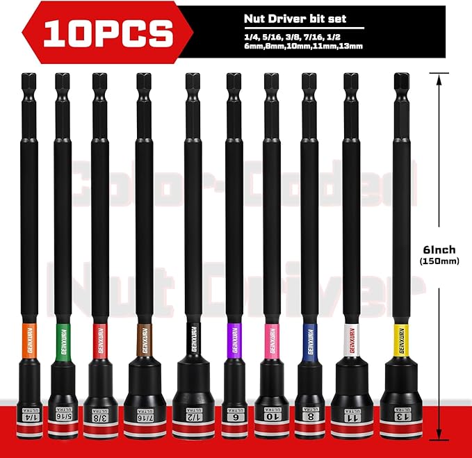 Impact Nut Driver Set, 10 Pieces 6?쒵ong 6mm,8mm,10mm,11mm,13mm 1/4??/16??/8??/16??/2?? Point Alloy Steel Magnetic Metric/SAE Nut Setter Set 1/4 Hex Shank Impact Driver with Case Box