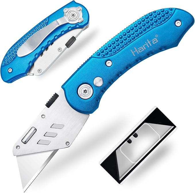Harita Folding Utility Knife Box Cutter Quick Change Blades, Back-lock Mechanism, Portable Belt Clip, with 5-piece Extra Blades, Blue